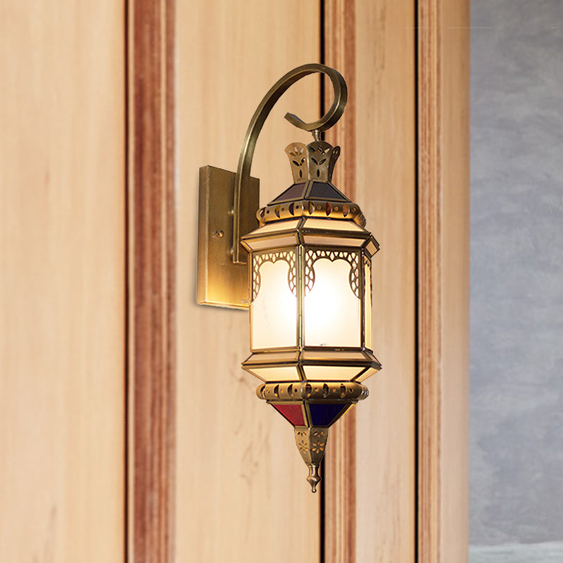 Metal Lantern Sconce Lighting Arab 1-Head Hallway Wall Mounted Lamp in Brass with Opal Glass Shade Brass Clearhalo 'Wall Lamps & Sconces' 'Wall Lights' Lighting' 393413