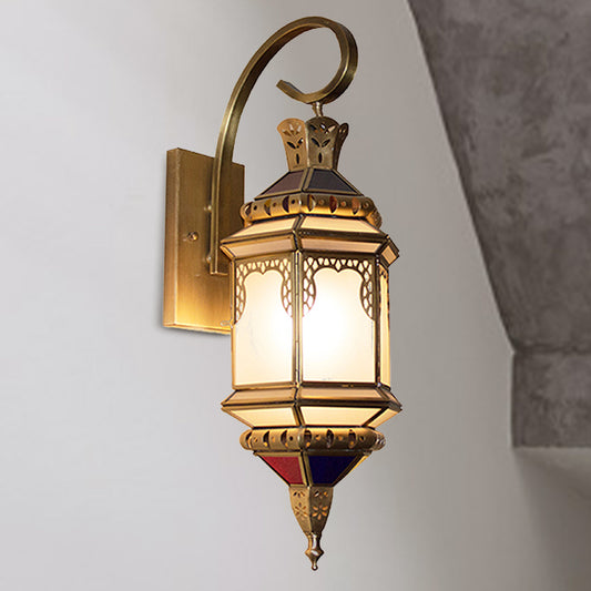 Metal Lantern Sconce Lighting Arab 1-Head Hallway Wall Mounted Lamp in Brass with Opal Glass Shade Clearhalo 'Wall Lamps & Sconces' 'Wall Lights' Lighting' 393414