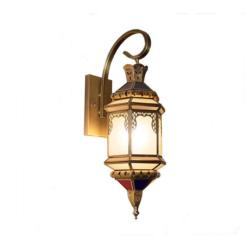 Metal Lantern Sconce Lighting Arab 1-Head Hallway Wall Mounted Lamp in Brass with Opal Glass Shade Clearhalo 'Wall Lamps & Sconces' 'Wall Lights' Lighting' 393415