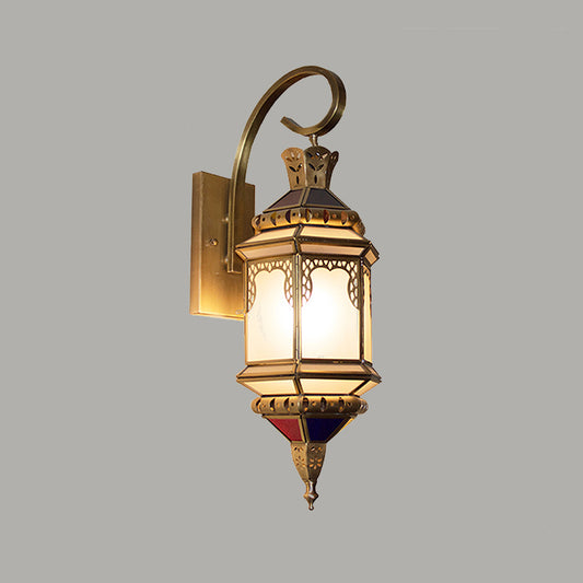 Metal Lantern Sconce Lighting Arab 1-Head Hallway Wall Mounted Lamp in Brass with Opal Glass Shade Clearhalo 'Wall Lamps & Sconces' 'Wall Lights' Lighting' 393416