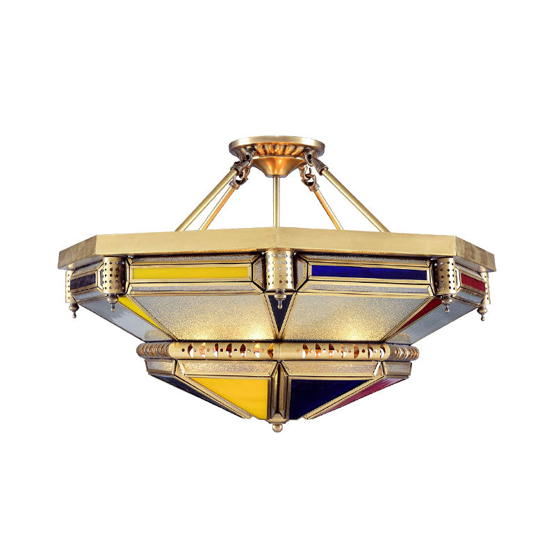 Tower Shape Metal Flush Light Vintage 3 Heads Living Room Semi Flush Mount Lamp in Brass Clearhalo 'Ceiling Lights' 'Close To Ceiling Lights' 'Close to ceiling' 'Semi-flushmount' Lighting' 393426