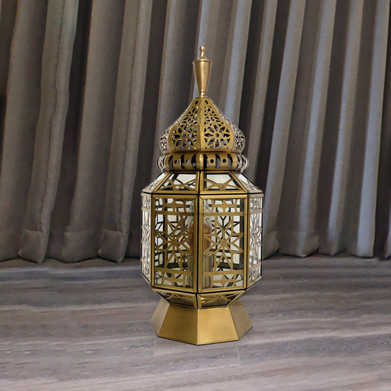 12.5"/14" Wide 1 Head Table Lamp Antiqued Lantern Metallic Nightstand Light in Brass for Bedroom Clearhalo 'Lamps' 'Table Lamps' Lighting' 393459