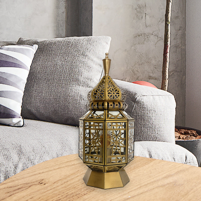 12.5"/14" Wide 1 Head Table Lamp Antiqued Lantern Metallic Nightstand Light in Brass for Bedroom Clearhalo 'Lamps' 'Table Lamps' Lighting' 393460