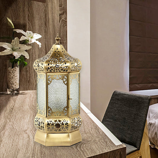 Metal Brass Finish Task Light Lantern 1 Head Traditional Night Table Lamp with Seeded Glass Shade Brass Clearhalo 'Lamps' 'Table Lamps' Lighting' 393464