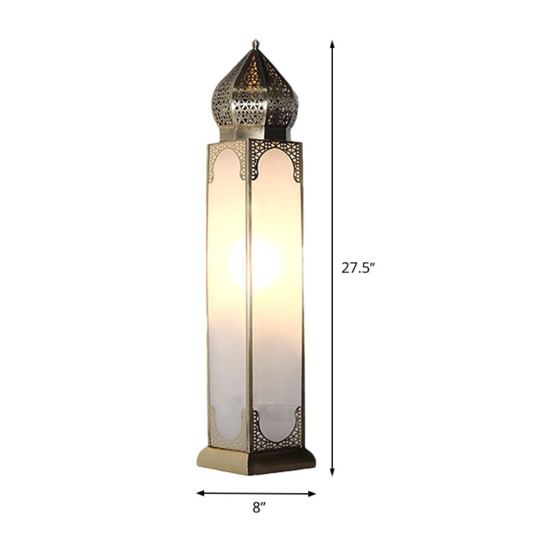 1-Head Desk Lighting Antiqued Living Room Night Table Lamp with Cuboid White Glass Shade in Brass Clearhalo 'Lamps' 'Table Lamps' Lighting' 393483