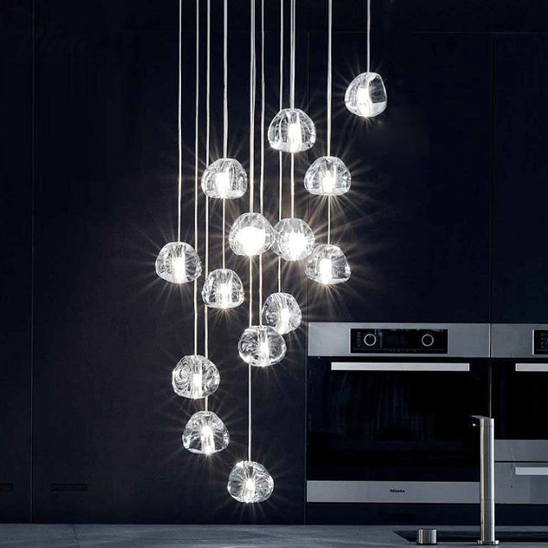 Silver 14 Bulbs LED Ceiling Light Modernism Clear Concave Glass Meteor Shower Cluster Pendant Lamp Silver Clearhalo 'Ceiling Lights' 'Glass shade' 'Glass' 'Modern Pendants' 'Modern' 'Pendant Lights' 'Pendants' Lighting' 393499