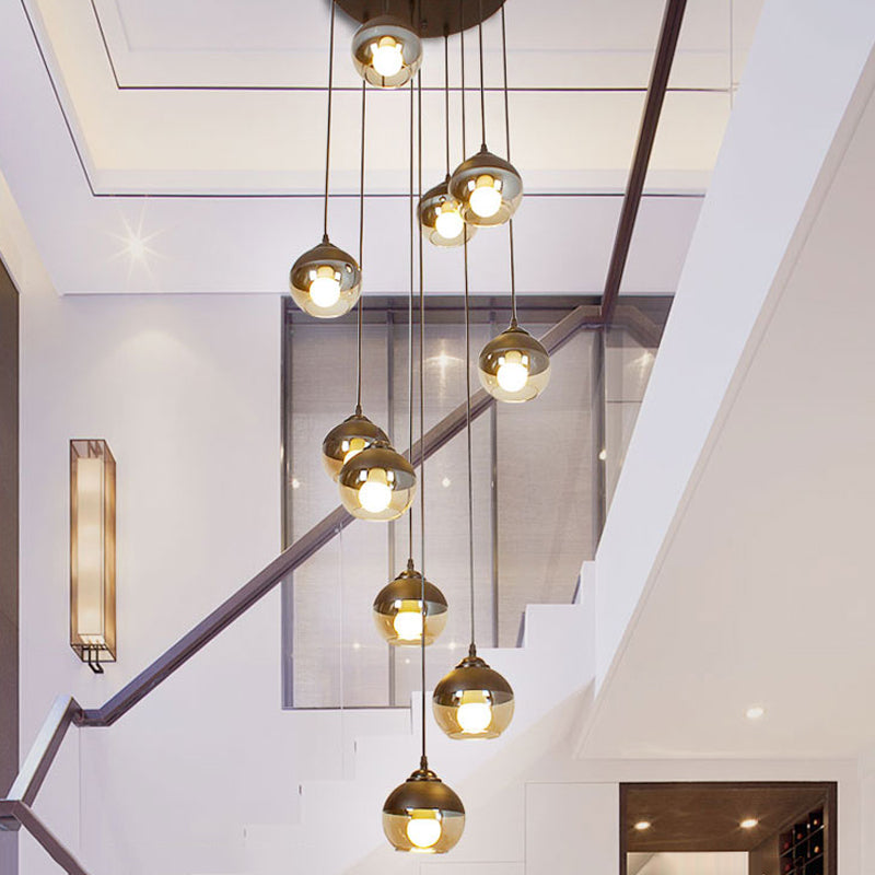 10-Light Hanging Lighting Simple Stair Multi Lamp Pendant with Globe Cognac Glass Shade in Black Black Clearhalo 'Ceiling Lights' 'Modern Pendants' 'Modern' 'Pendant Lights' 'Pendants' Lighting' 393513