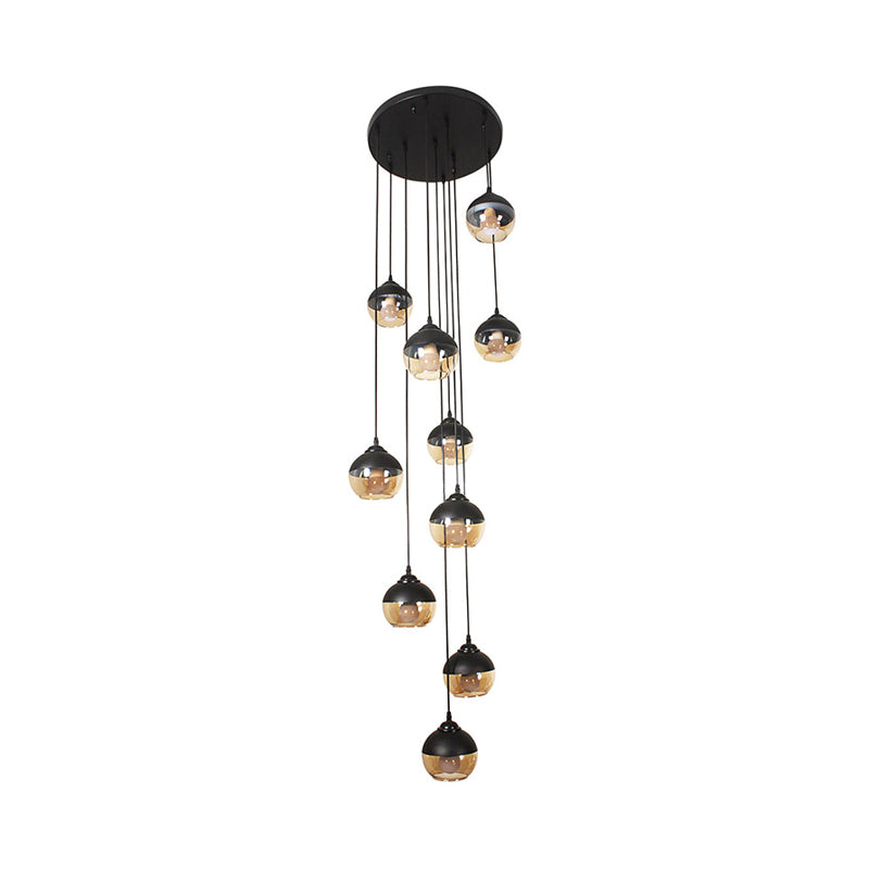 10-Light Hanging Lighting Simple Stair Multi Lamp Pendant with Globe Cognac Glass Shade in Black Clearhalo 'Ceiling Lights' 'Modern Pendants' 'Modern' 'Pendant Lights' 'Pendants' Lighting' 393516