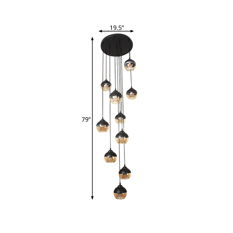 10-Light Hanging Lighting Simple Stair Multi Lamp Pendant with Globe Cognac Glass Shade in Black Clearhalo 'Ceiling Lights' 'Modern Pendants' 'Modern' 'Pendant Lights' 'Pendants' Lighting' 393517