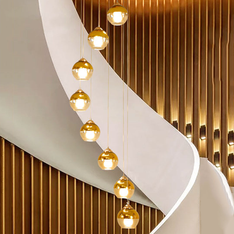 Gold Ball Cluster Pendant Lamp Modern Clear Glass 8-Head Stair LED Ceiling Hang Fixture Gold Clearhalo 'Ceiling Lights' 'Glass shade' 'Glass' 'Modern Pendants' 'Modern' 'Pendant Lights' 'Pendants' Lighting' 393518