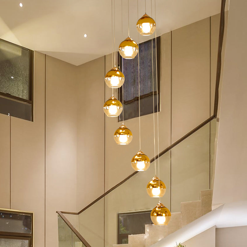 Gold Ball Cluster Pendant Lamp Modern Clear Glass 8-Head Stair LED Ceiling Hang Fixture Clearhalo 'Ceiling Lights' 'Glass shade' 'Glass' 'Modern Pendants' 'Modern' 'Pendant Lights' 'Pendants' Lighting' 393519