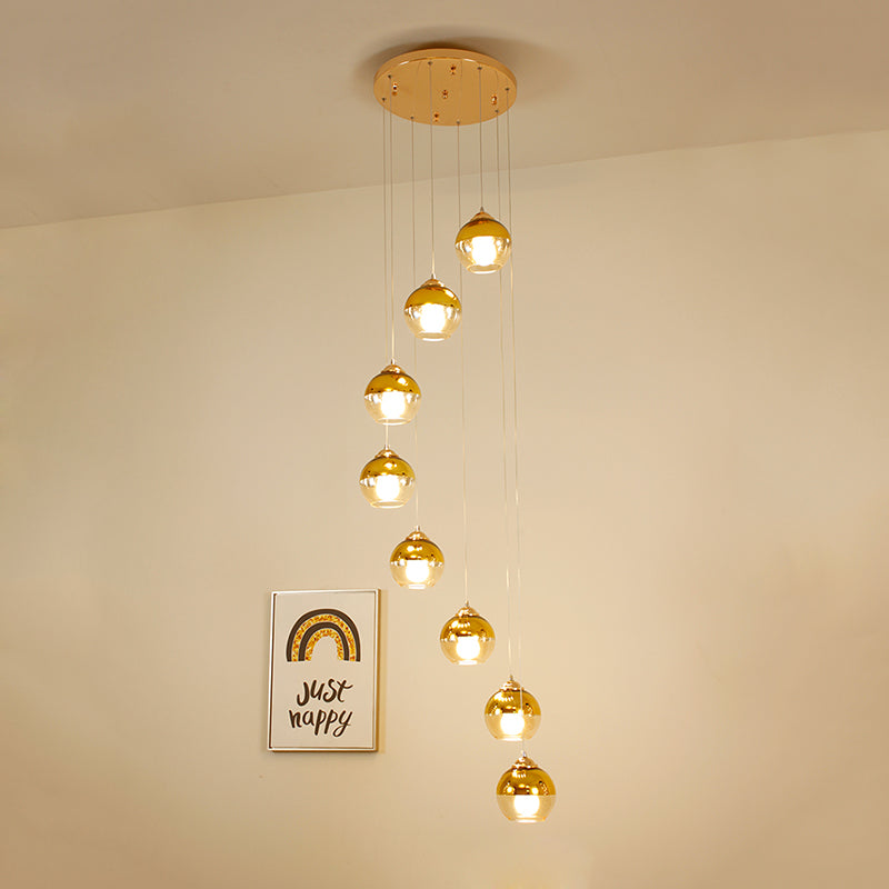 Gold Ball Cluster Pendant Lamp Modern Clear Glass 8-Head Stair LED Ceiling Hang Fixture Clearhalo 'Ceiling Lights' 'Glass shade' 'Glass' 'Modern Pendants' 'Modern' 'Pendant Lights' 'Pendants' Lighting' 393520