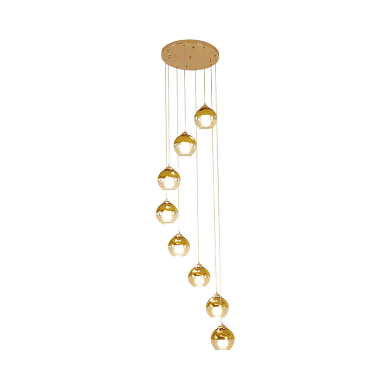 Gold Ball Cluster Pendant Lamp Modern Clear Glass 8-Head Stair LED Ceiling Hang Fixture Clearhalo 'Ceiling Lights' 'Glass shade' 'Glass' 'Modern Pendants' 'Modern' 'Pendant Lights' 'Pendants' Lighting' 393521