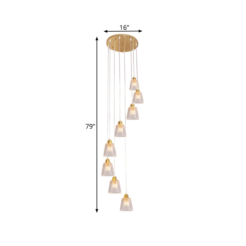 Modernist Cone Hanging Lamp Kit 8-Bulb Clear Lattice Glass Multi Light Pendant in Gold with Spiral Design Clearhalo 'Ceiling Lights' 'Glass shade' 'Glass' 'Modern Pendants' 'Modern' 'Pendant Lights' 'Pendants' Lighting' 393527