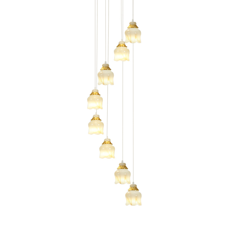 White Glass Floral Cluster Pendant Light Modernism 8 Lights Stair Hanging Lamp in Gold Clearhalo 'Ceiling Lights' 'Glass shade' 'Glass' 'Modern Pendants' 'Modern' 'Pendant Lights' 'Pendants' Lighting' 393531