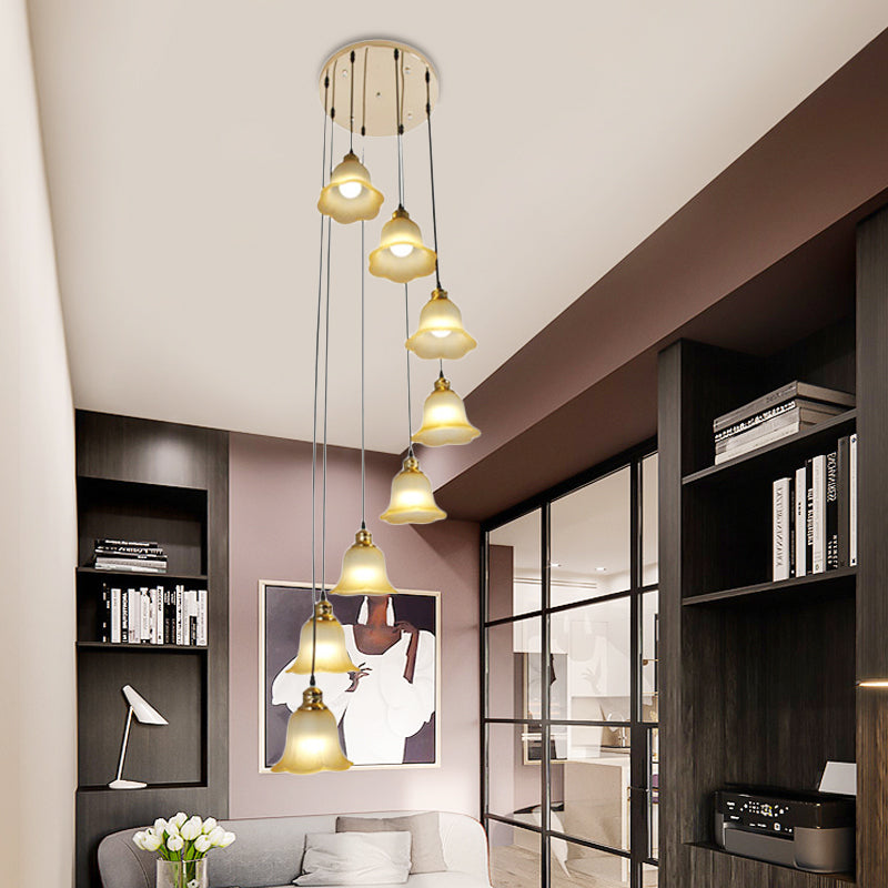 8 Heads Ceiling Lamp Contemporary Living Room Multi Light Pendant with Flower White Glass Shade Clearhalo 'Ceiling Lights' 'Glass shade' 'Glass' 'Modern Pendants' 'Modern' 'Pendant Lights' 'Pendants' Lighting' 393534