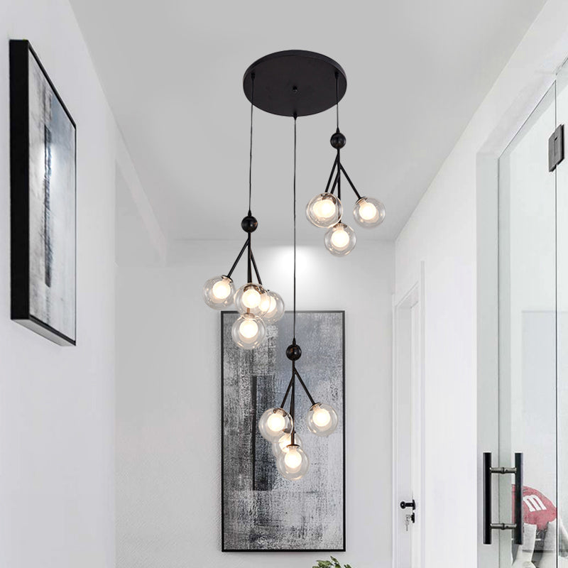 Black/Gold 12 Bulbs Multi Light Pendant Modern Clear/Amber/Smoke Gray Glass Sphere LED Hanging Lamp Fixture Clearhalo 'Ceiling Lights' 'Glass shade' 'Glass' 'Modern Pendants' 'Modern' 'Pendant Lights' 'Pendants' Lighting' 393545