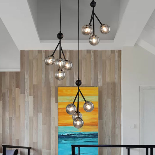 Black/Gold 12 Bulbs Multi Light Pendant Modern Clear/Amber/Smoke Gray Glass Sphere LED Hanging Lamp Fixture Smoke Gray Black Clearhalo 'Ceiling Lights' 'Glass shade' 'Glass' 'Modern Pendants' 'Modern' 'Pendant Lights' 'Pendants' Lighting' 393549