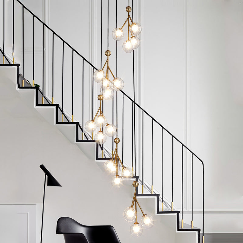 Global Stair Cluster Pendant Lamp Minimalist Clear/Amber/Smoke Gray Glass 20-Light Black/Gold Ceiling Light Fixture Clear Gold Clearhalo 'Ceiling Lights' 'Glass shade' 'Glass' 'Modern Pendants' 'Modern' 'Pendant Lights' 'Pendants' Lighting' 393551