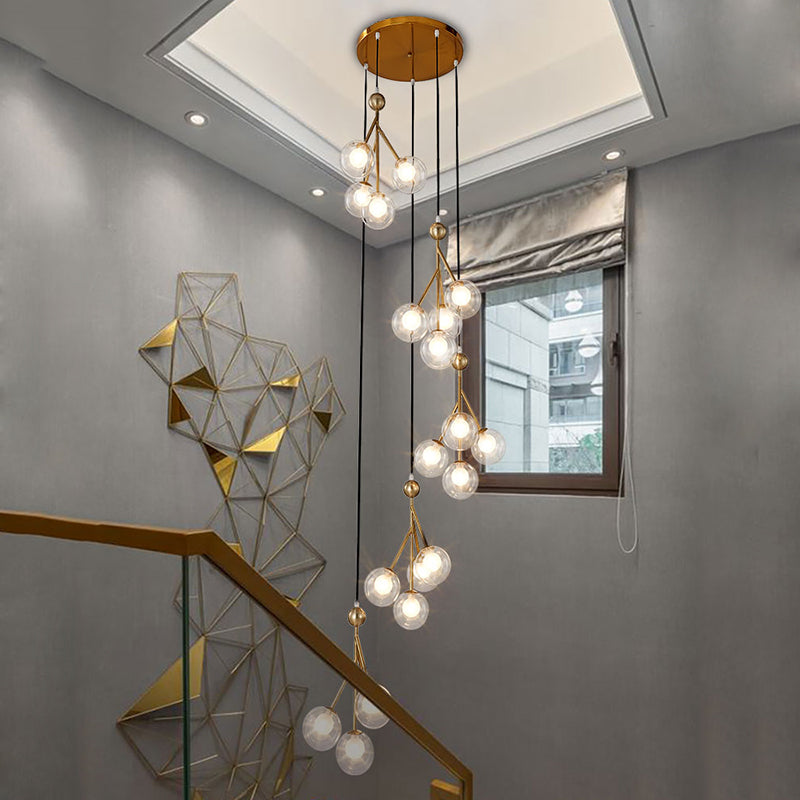 Global Stair Cluster Pendant Lamp Minimalist Clear/Amber/Smoke Gray Glass 20-Light Black/Gold Ceiling Light Fixture Clearhalo 'Ceiling Lights' 'Glass shade' 'Glass' 'Modern Pendants' 'Modern' 'Pendant Lights' 'Pendants' Lighting' 393552