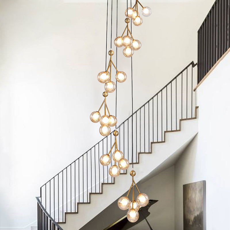 Global Stair Cluster Pendant Lamp Minimalist Clear/Amber/Smoke Gray Glass 20-Light Black/Gold Ceiling Light Fixture Amber Gold Clearhalo 'Ceiling Lights' 'Glass shade' 'Glass' 'Modern Pendants' 'Modern' 'Pendant Lights' 'Pendants' Lighting' 393556