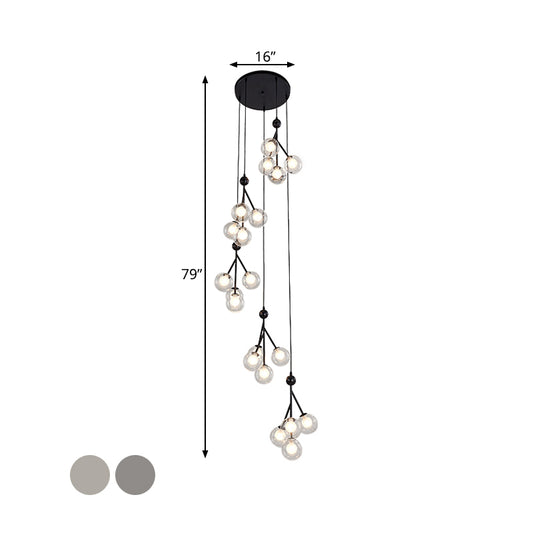 Global Stair Cluster Pendant Lamp Minimalist Clear/Amber/Smoke Gray Glass 20-Light Black/Gold Ceiling Light Fixture Clearhalo 'Ceiling Lights' 'Glass shade' 'Glass' 'Modern Pendants' 'Modern' 'Pendant Lights' 'Pendants' Lighting' 393560