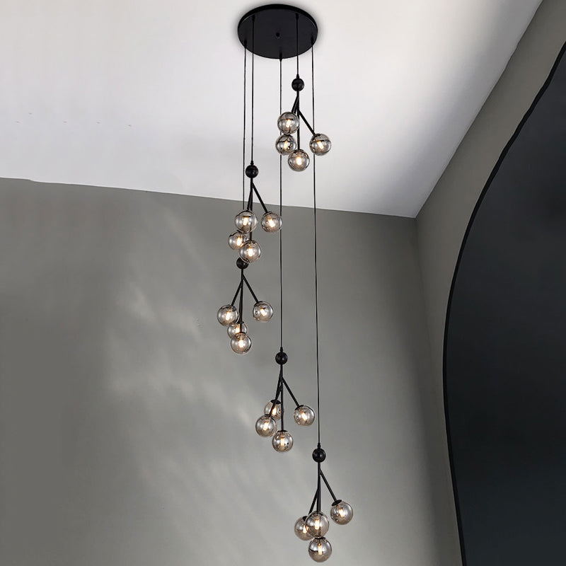 Global Stair Cluster Pendant Lamp Minimalist Clear/Amber/Smoke Gray Glass 20-Light Black/Gold Ceiling Light Fixture Smoke Gray Black Clearhalo 'Ceiling Lights' 'Glass shade' 'Glass' 'Modern Pendants' 'Modern' 'Pendant Lights' 'Pendants' Lighting' 393561