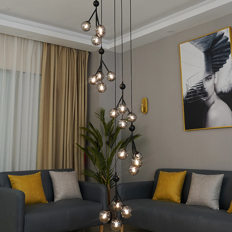 Global Stair Cluster Pendant Lamp Minimalist Clear/Amber/Smoke Gray Glass 20-Light Black/Gold Ceiling Light Fixture Clearhalo 'Ceiling Lights' 'Glass shade' 'Glass' 'Modern Pendants' 'Modern' 'Pendant Lights' 'Pendants' Lighting' 393562