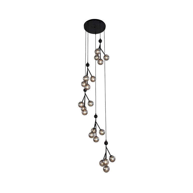 Global Stair Cluster Pendant Lamp Minimalist Clear/Amber/Smoke Gray Glass 20-Light Black/Gold Ceiling Light Fixture Clearhalo 'Ceiling Lights' 'Glass shade' 'Glass' 'Modern Pendants' 'Modern' 'Pendant Lights' 'Pendants' Lighting' 393563