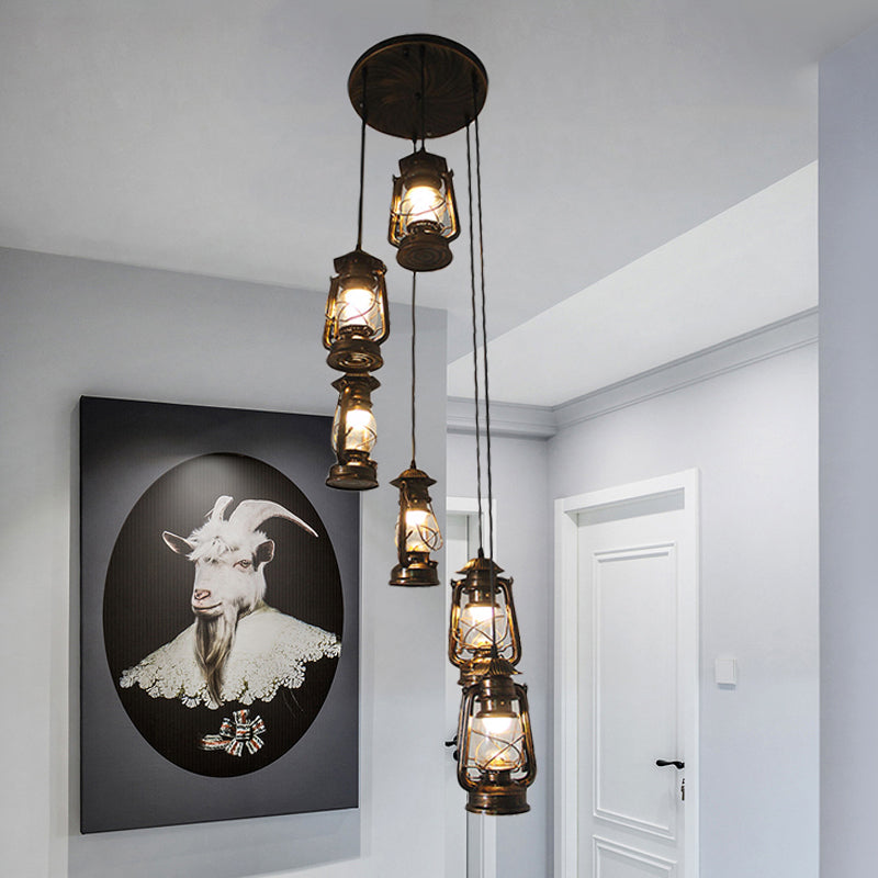 6 Bulbs Metallic Hanging Lamp Contemporary Bronze Lantern Stair Multi Light Pendant Clearhalo 'Ceiling Lights' 'Glass shade' 'Glass' 'Modern Pendants' 'Modern' 'Pendant Lights' 'Pendants' Lighting' 393565