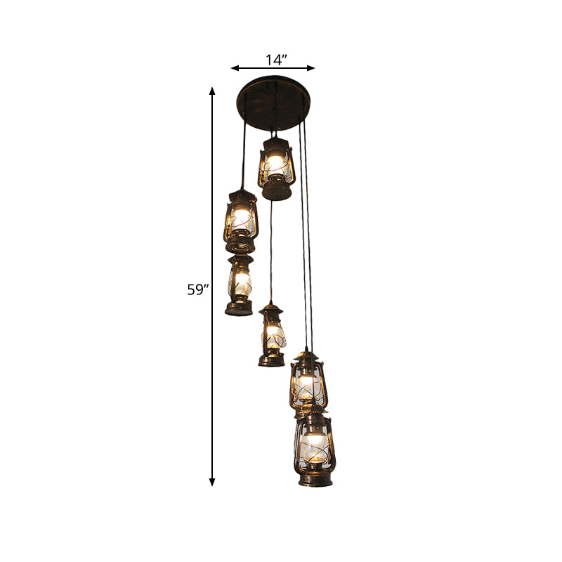 6 Bulbs Metallic Hanging Lamp Contemporary Bronze Lantern Stair Multi Light Pendant Clearhalo 'Ceiling Lights' 'Glass shade' 'Glass' 'Modern Pendants' 'Modern' 'Pendant Lights' 'Pendants' Lighting' 393568