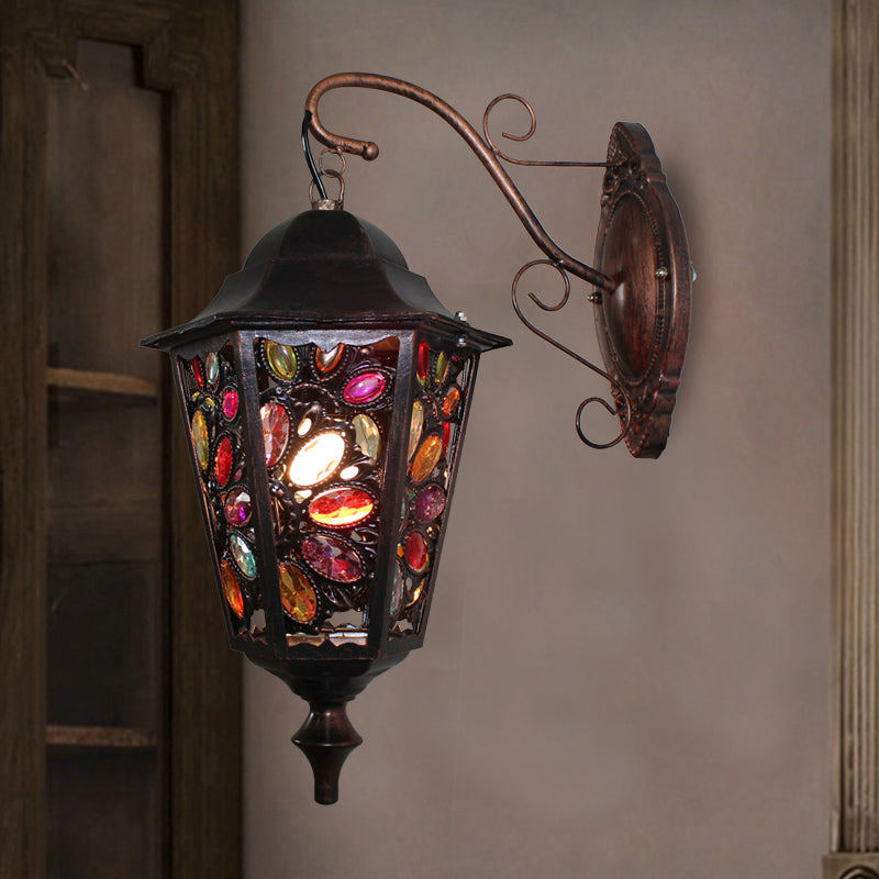 1 Head Flower/Circle Sconce Lamp Bohemian Black Metal Wall Light Fixture with Curved Arm for Restaurant Clearhalo 'Wall Lamps & Sconces' 'Wall Lights' Lighting' 394286