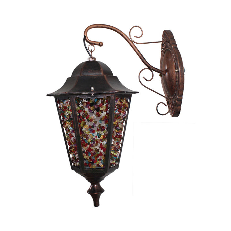 Lantern Restaurant Wall Sconce Lamp Antique Metal 1 Light Red/Yellow/Green Wall Lighting Fixture with Glass Decoration Clearhalo 'Wall Lamps & Sconces' 'Wall Lights' Lighting' 394386