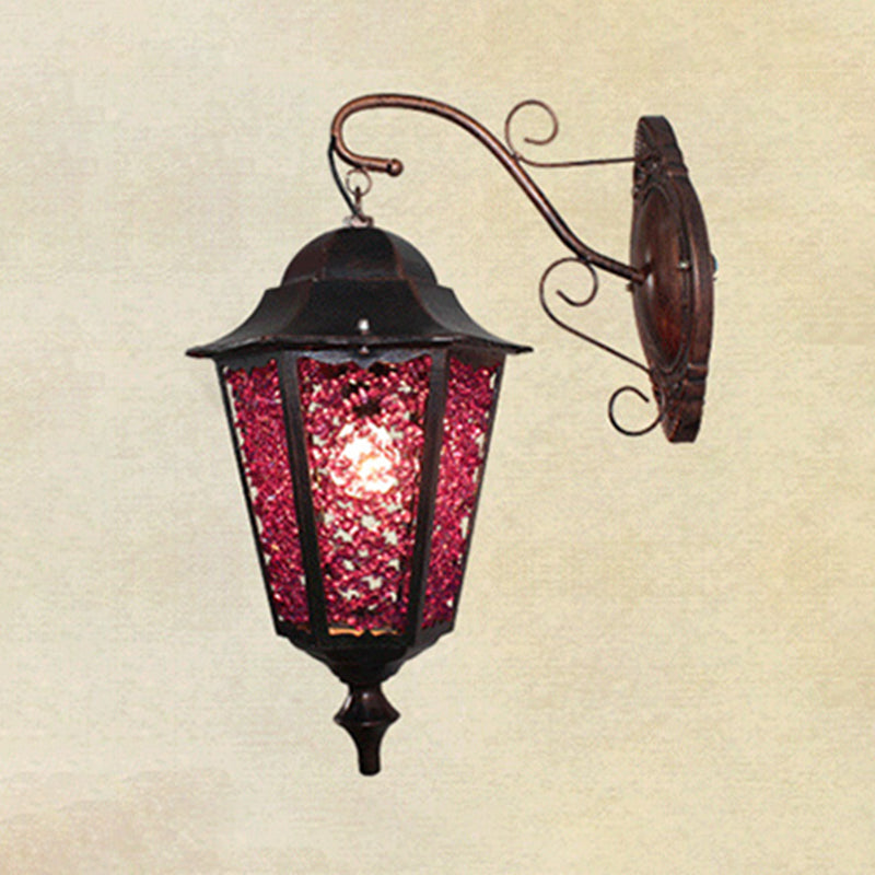 Lantern Restaurant Wall Sconce Lamp Antique Metal 1 Light Red/Yellow/Green Wall Lighting Fixture with Glass Decoration Clearhalo 'Wall Lamps & Sconces' 'Wall Lights' Lighting' 394387