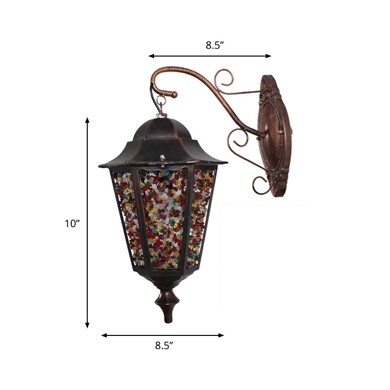 Lantern Restaurant Wall Sconce Lamp Antique Metal 1 Light Red/Yellow/Green Wall Lighting Fixture with Glass Decoration Green Clearhalo 'Wall Lamps & Sconces' 'Wall Lights' Lighting' 394388