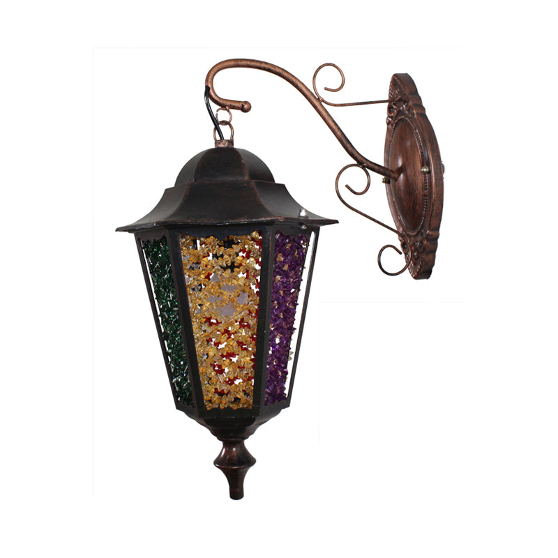 Lantern Restaurant Wall Sconce Lamp Antique Metal 1 Light Red/Yellow/Green Wall Lighting Fixture with Glass Decoration Clearhalo 'Wall Lamps & Sconces' 'Wall Lights' Lighting' 394389