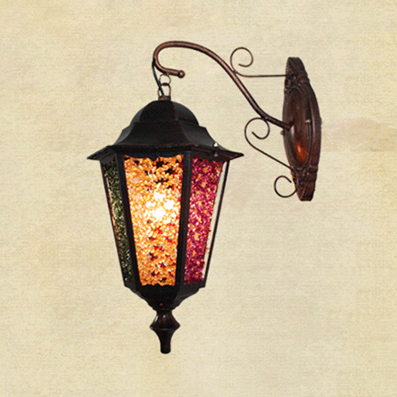 Lantern Restaurant Wall Sconce Lamp Antique Metal 1 Light Red/Yellow/Green Wall Lighting Fixture with Glass Decoration Clearhalo 'Wall Lamps & Sconces' 'Wall Lights' Lighting' 394390