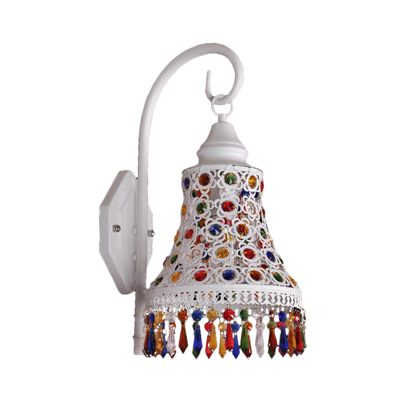 Bell Metal Wall Sconce Light Decorative 1 Bulb Corridor Wall Mount Lighting in White with Dangling Crystal Clearhalo 'Wall Lamps & Sconces' 'Wall Lights' Lighting' 394573