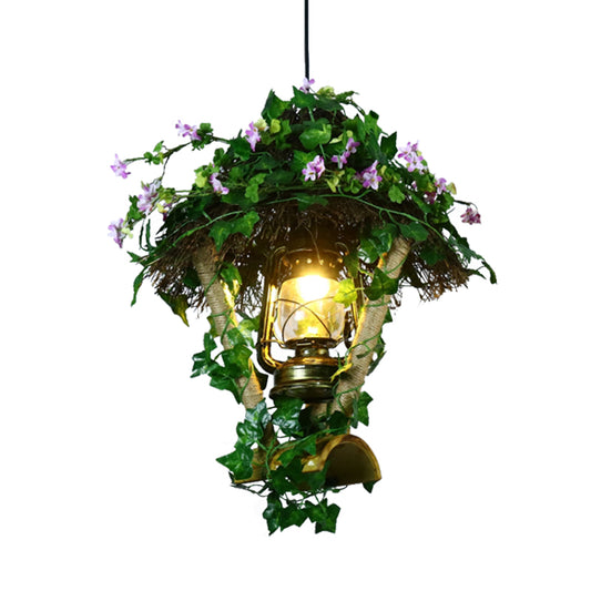 1 Bulb Bamboo Pendant Light Fixture Industrial Green Cylinder/Kerosene Lamp Restaurant LED Plant Hanging Lamp Clearhalo 'Ceiling Lights' 'Industrial Pendants' 'Industrial' 'Middle Century Pendants' 'Pendant Lights' 'Pendants' 'Tiffany' Lighting' 398119