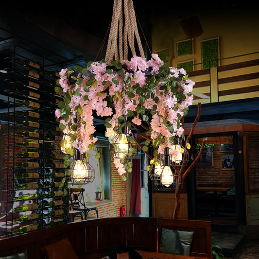 Industrial Bulb Cluster Pendant Light 8 Bulbs Hemp Rope LED Flower Hanging Lamp Kit in Black Black Clearhalo 'Ceiling Lights' 'Industrial Pendants' 'Industrial' 'Middle Century Pendants' 'Pendant Lights' 'Pendants' 'Tiffany' Lighting' 398174