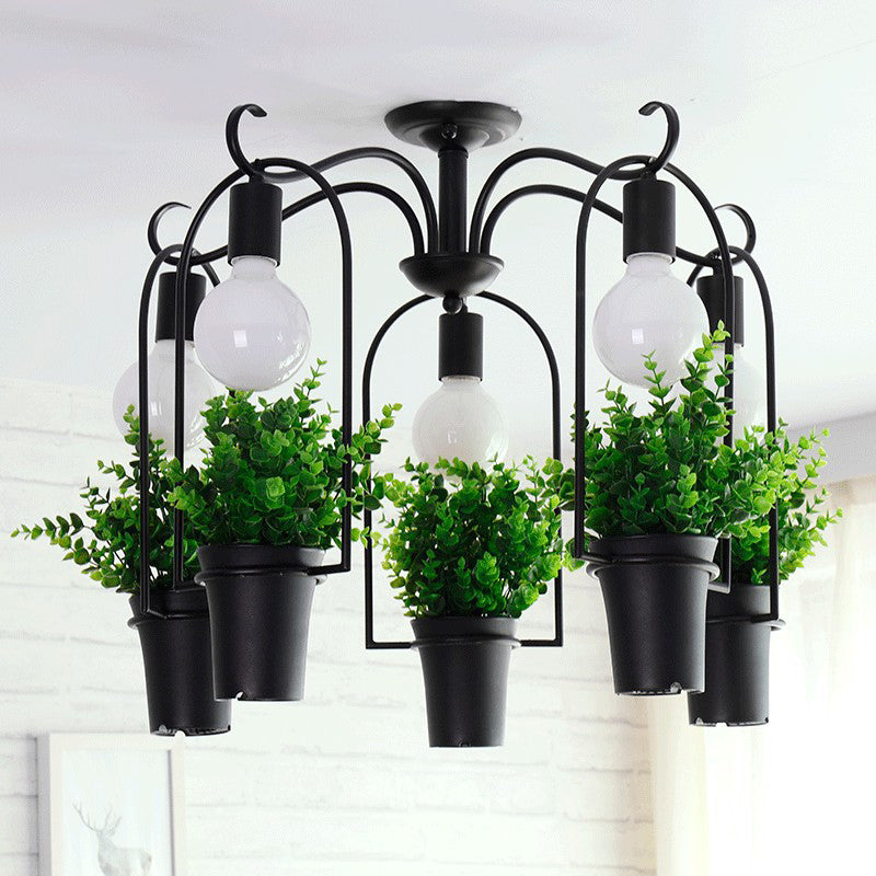 Black 5 Heads Ceiling Lighting Industrial Metal Potted Plant LED Semi Flush Mount Light for Restaurant Black Clearhalo 'Ceiling Lights' 'Close To Ceiling Lights' 'Close to ceiling' 'Semi-flushmount' Lighting' 398247