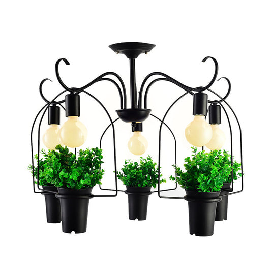 Black 5 Heads Ceiling Lighting Industrial Metal Potted Plant LED Semi Flush Mount Light for Restaurant Clearhalo 'Ceiling Lights' 'Close To Ceiling Lights' 'Close to ceiling' 'Semi-flushmount' Lighting' 398249