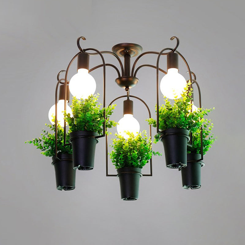 Black 5 Heads Ceiling Lighting Industrial Metal Potted Plant LED Semi Flush Mount Light for Restaurant Clearhalo 'Ceiling Lights' 'Close To Ceiling Lights' 'Close to ceiling' 'Semi-flushmount' Lighting' 398250