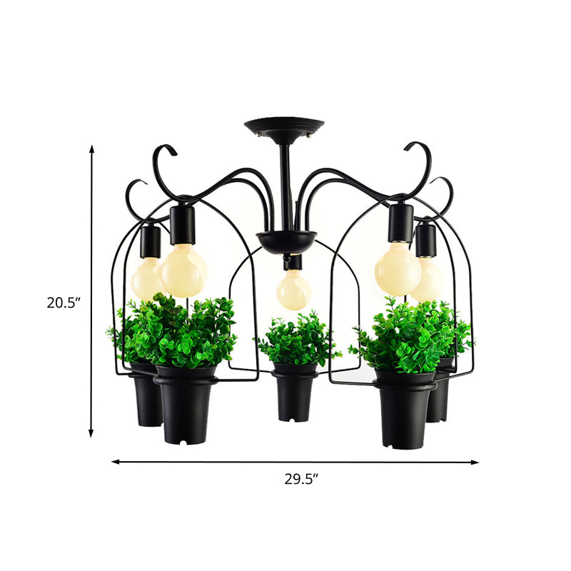 Black 5 Heads Ceiling Lighting Industrial Metal Potted Plant LED Semi Flush Mount Light for Restaurant Clearhalo 'Ceiling Lights' 'Close To Ceiling Lights' 'Close to ceiling' 'Semi-flushmount' Lighting' 398251