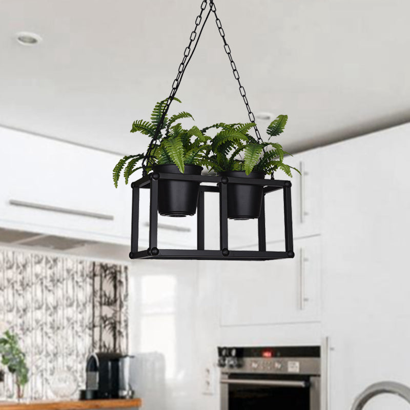 Industrial Rectangle Island Light Fixture 2/3/5 Bulbs Metal LED Ceiling Suspension Lamp in Black with Plant Decor 2 Black Clearhalo 'Ceiling Lights' 'Island Lights' Lighting' 398252