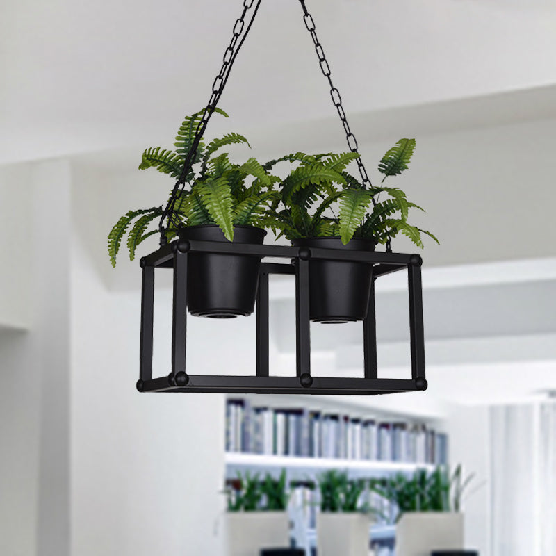 Industrial Rectangle Island Light Fixture 2/3/5 Bulbs Metal LED Ceiling Suspension Lamp in Black with Plant Decor Clearhalo 'Ceiling Lights' 'Island Lights' Lighting' 398253