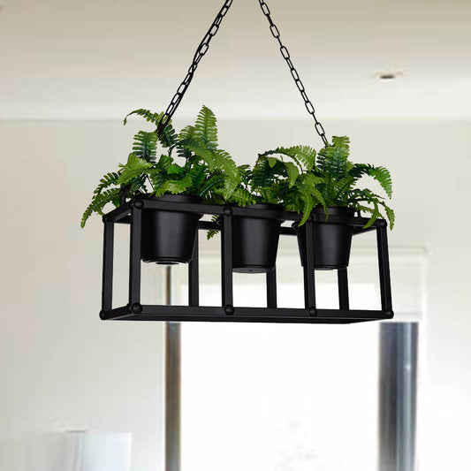 Industrial Rectangle Island Light Fixture 2/3/5 Bulbs Metal LED Ceiling Suspension Lamp in Black with Plant Decor 3 Black Clearhalo 'Ceiling Lights' 'Island Lights' Lighting' 398257