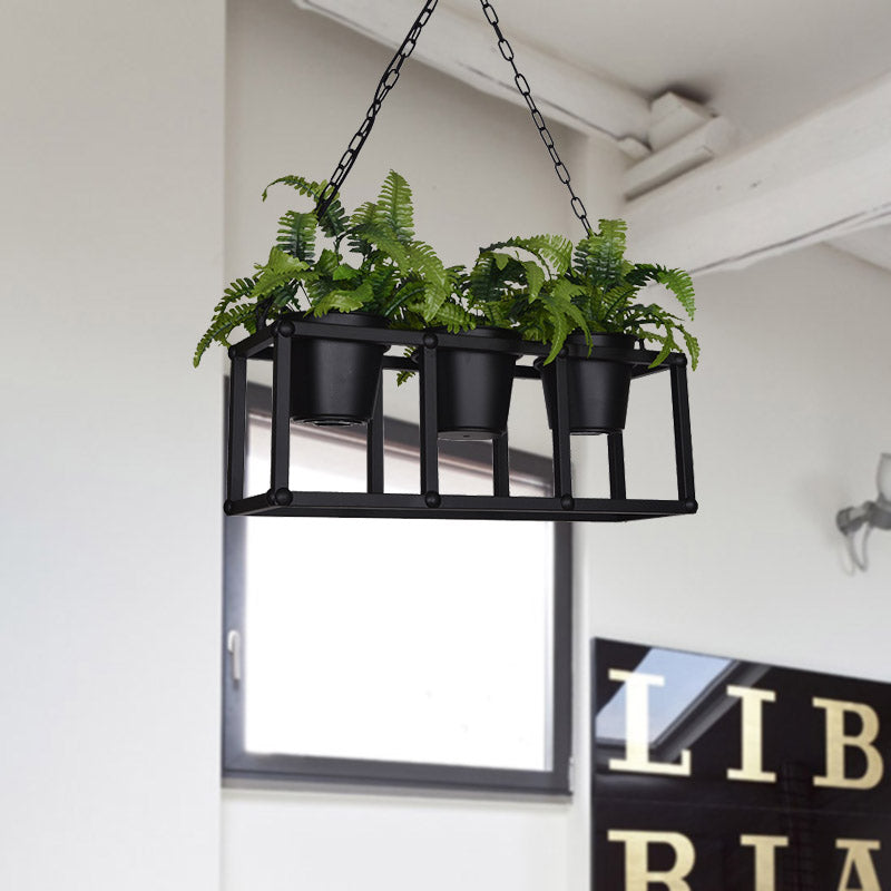 Industrial Rectangle Island Light Fixture 2/3/5 Bulbs Metal LED Ceiling Suspension Lamp in Black with Plant Decor Clearhalo 'Ceiling Lights' 'Island Lights' Lighting' 398258