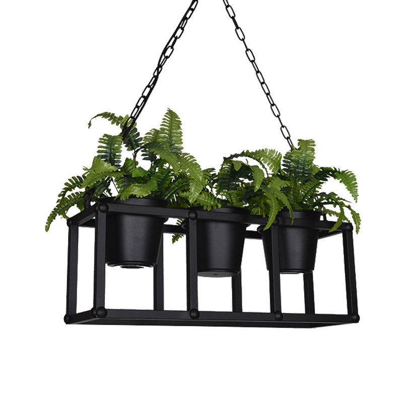 Industrial Rectangle Island Light Fixture 2/3/5 Bulbs Metal LED Ceiling Suspension Lamp in Black with Plant Decor Clearhalo 'Ceiling Lights' 'Island Lights' Lighting' 398259