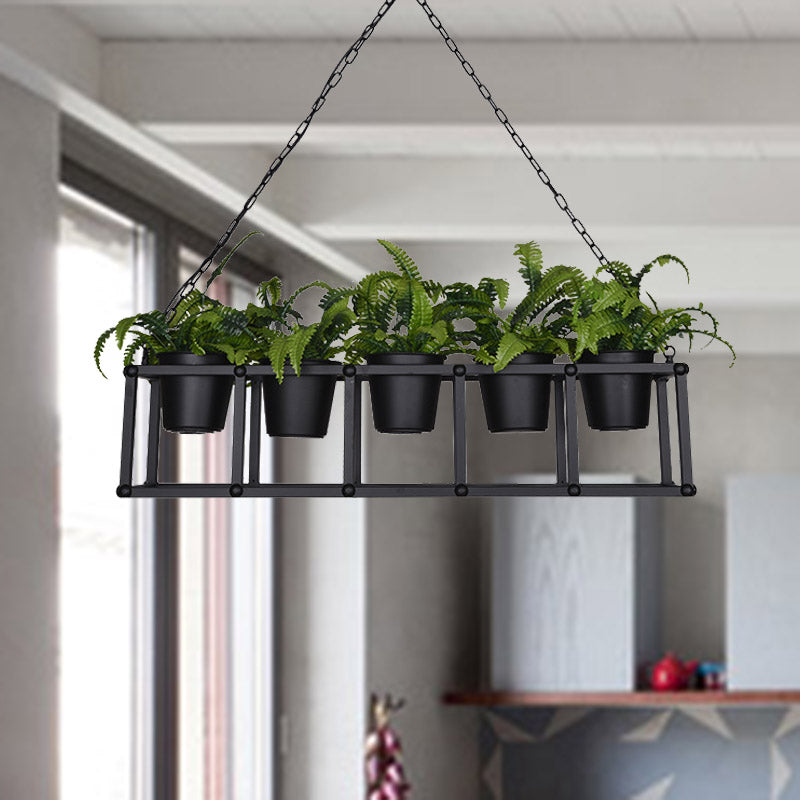 Industrial Rectangle Island Light Fixture 2/3/5 Bulbs Metal LED Ceiling Suspension Lamp in Black with Plant Decor 5 Black Clearhalo 'Ceiling Lights' 'Island Lights' Lighting' 398261